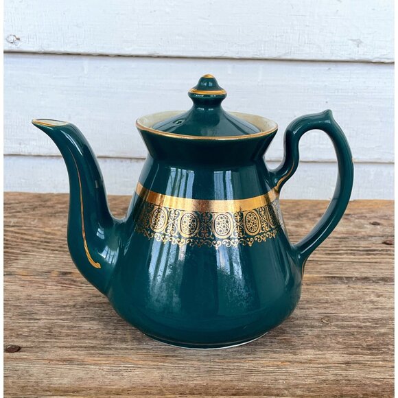 Vintage Hall Mid century 1960s Green Gold 6 Cup Teapot - Picture 1 of 8